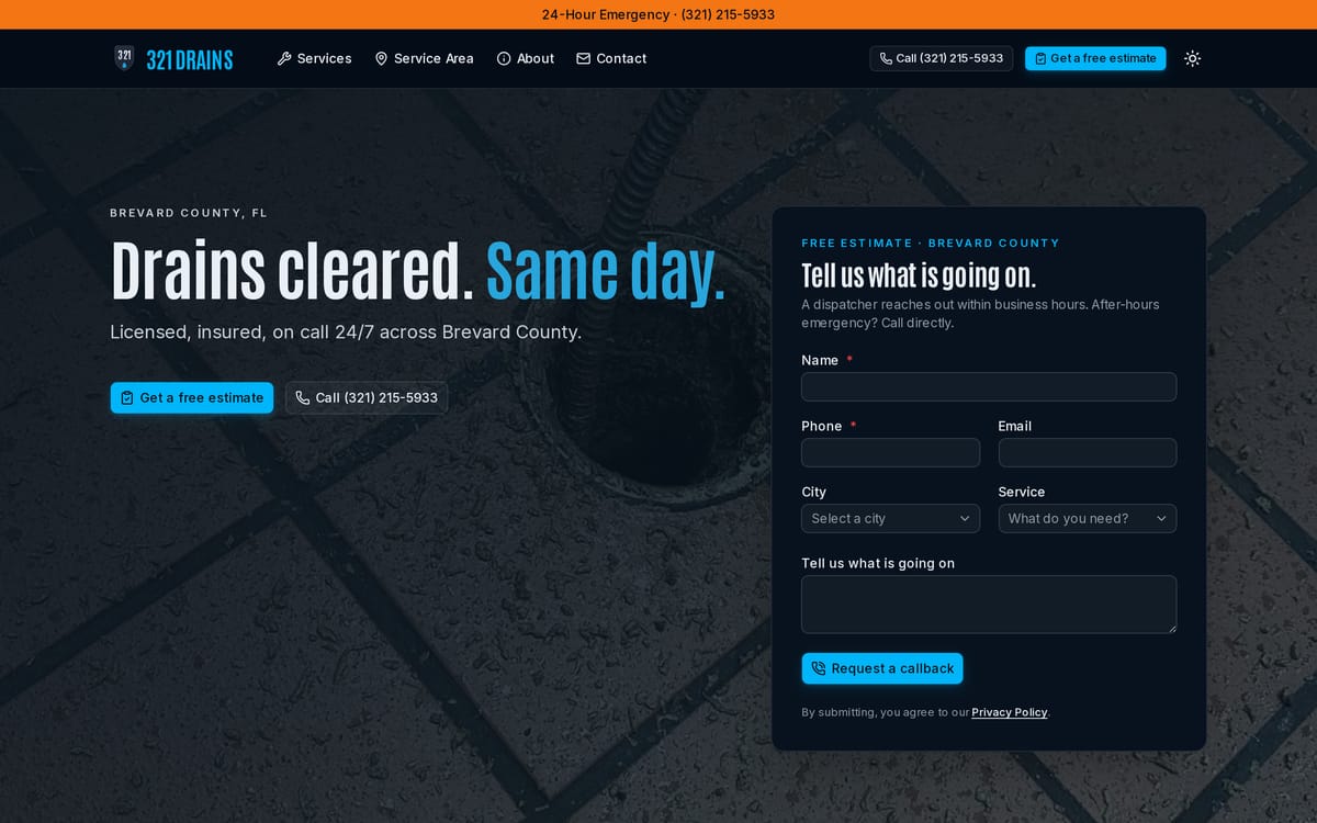 321 Drains website, designed and built by MySiteHandled.com