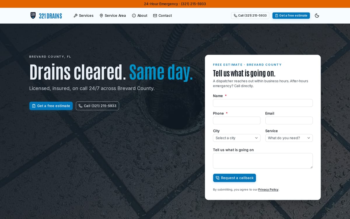 321 Drains website, designed and built by MySiteHandled.com