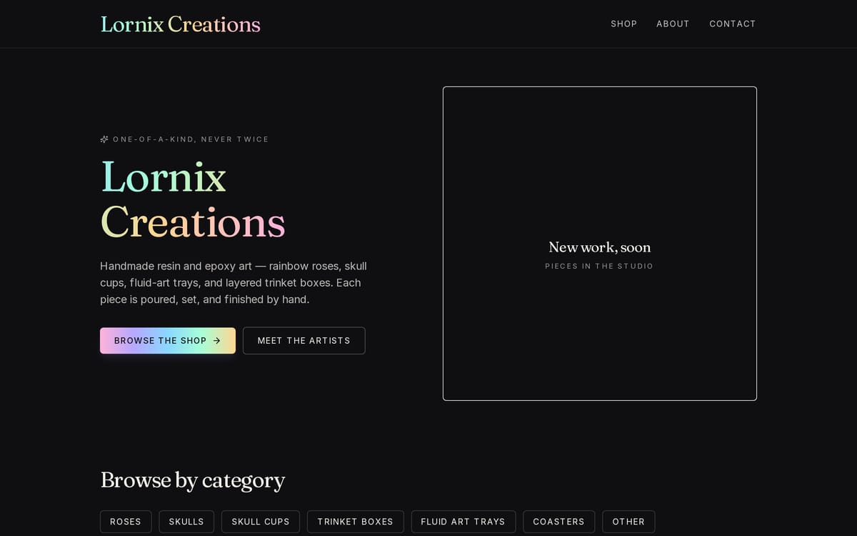 Lornix Creations website, designed and built by MySiteHandled.com