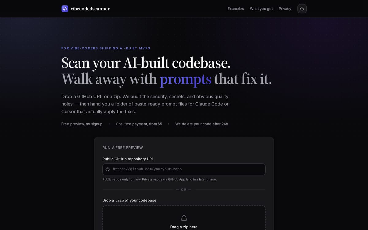 Vibe Coded Scanner website, designed and built by MySiteHandled.com